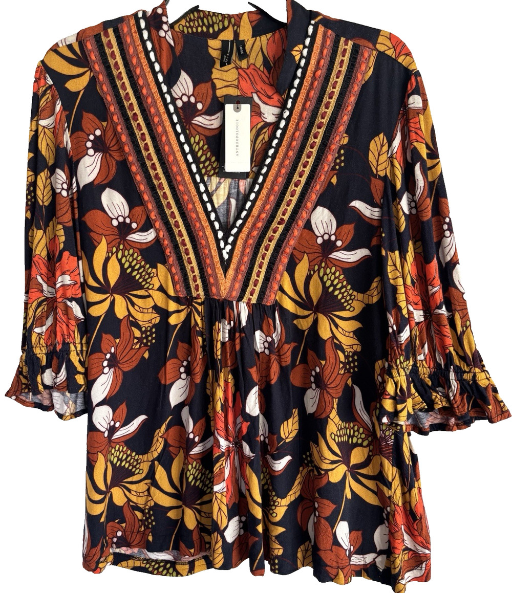 Bl^nk by Anthropologie Top Boho Blouse Leaf Fall pattern V Neck Embroidered